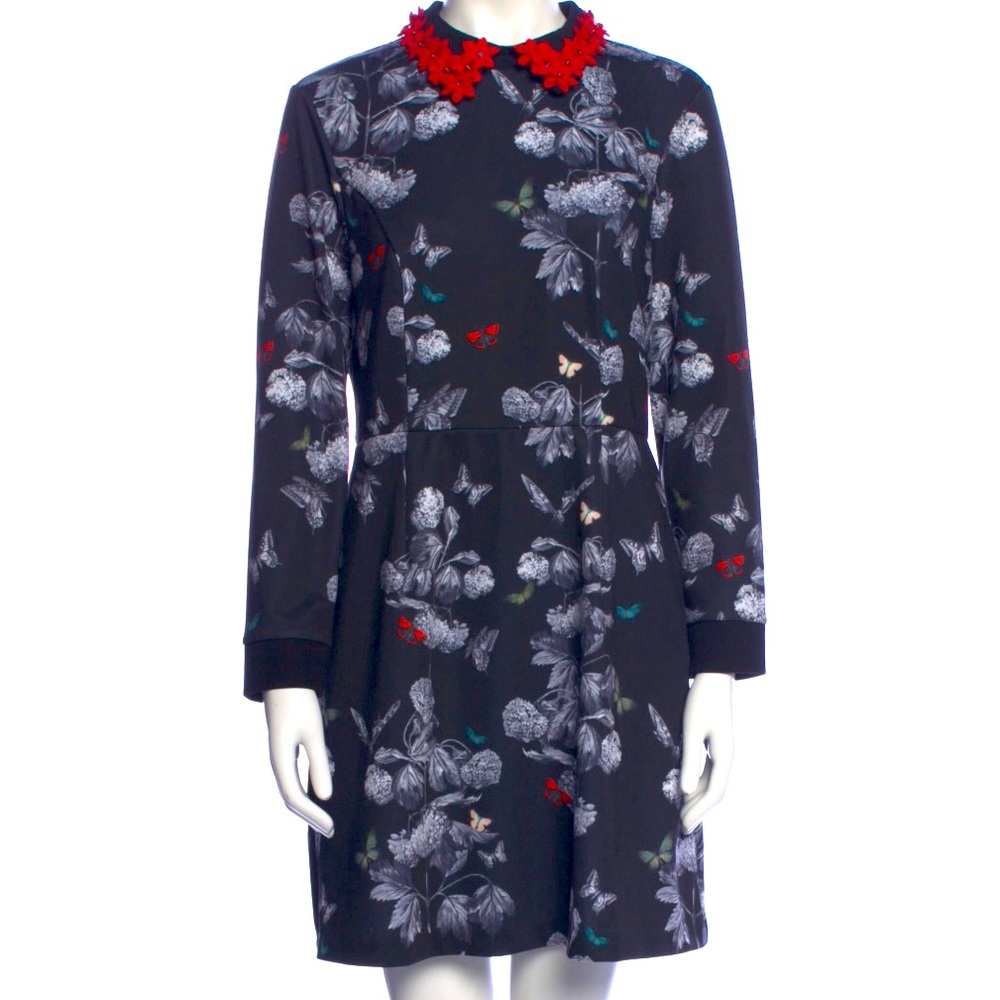 Ted Baker Black Red Floral Print Long Sleeve Shift Dress Sequin Collar ~ Large